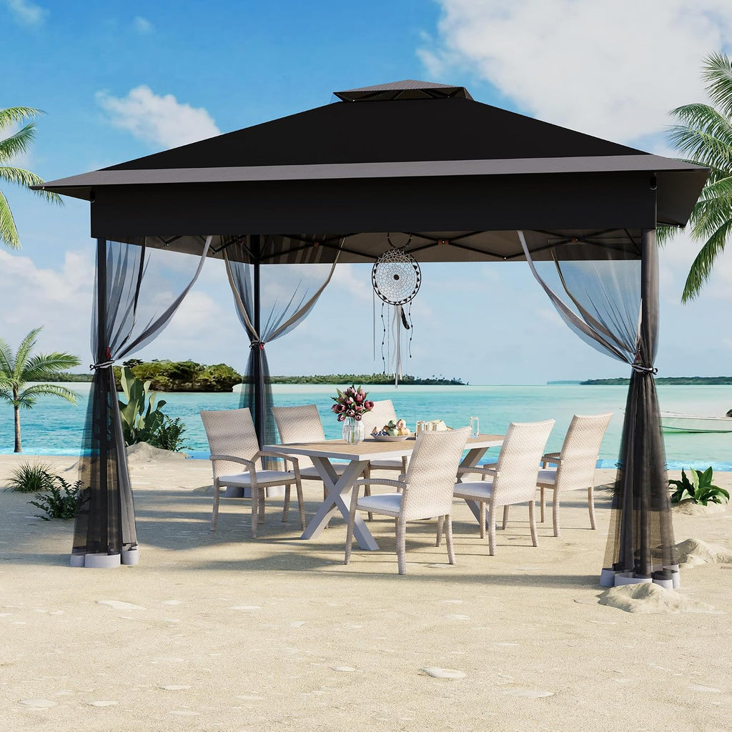 Bezseller 11x11 Pop Up Gazebo with Mosquito Netting – Easy 1-Person Setup, Water-Resistant Backyard Canopy for Family Patio & Garden Use, Black