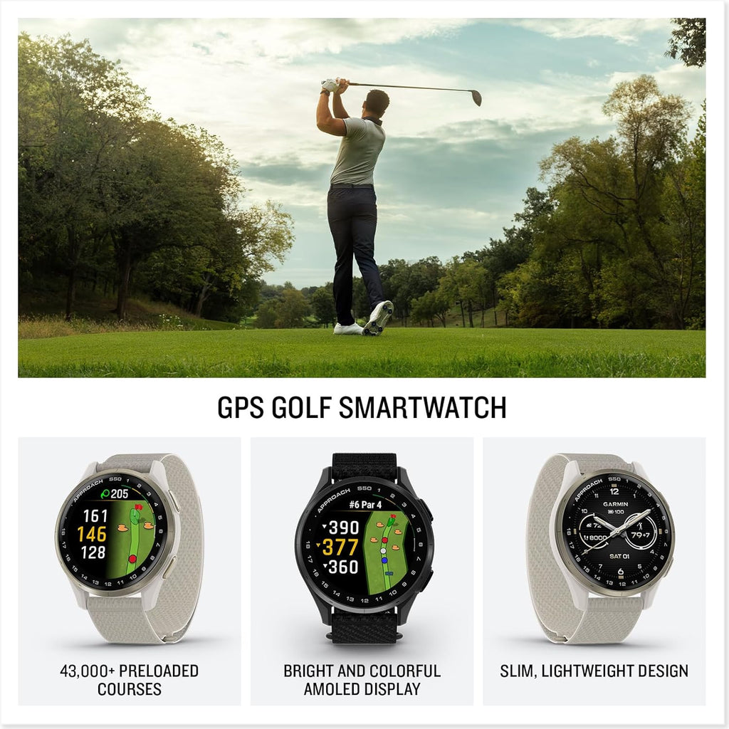 Garmin Approach® S50, Advanced Golf GPS Smartwatch, AMOLED Display, On-Course Features, Wrist-Based Heart Rate, Slate Aluminum Bezel with Black ComfortFit Nylon Band