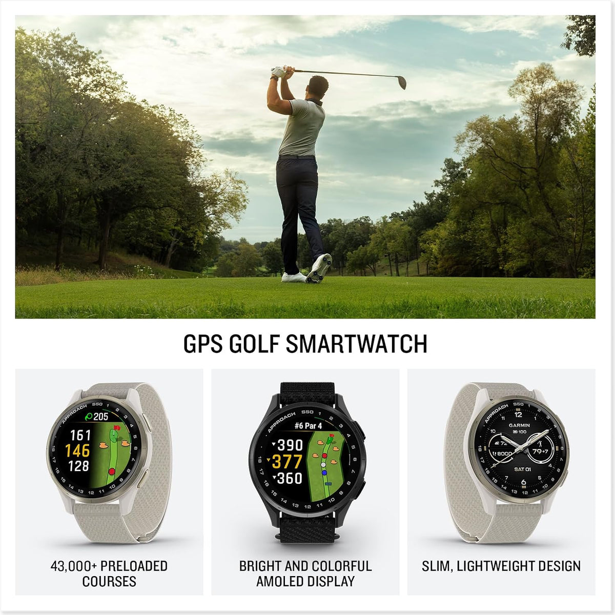 Garmin Approach S50 (Cream Gold/Ivory) Golf GPS Smartwatch Gift Box Bundle - 1.2' AMOLED Display, On-Course Features, Wrist Heart Rate with PlayBetter Screen Protectors, Wall Adapter & Hard Case
