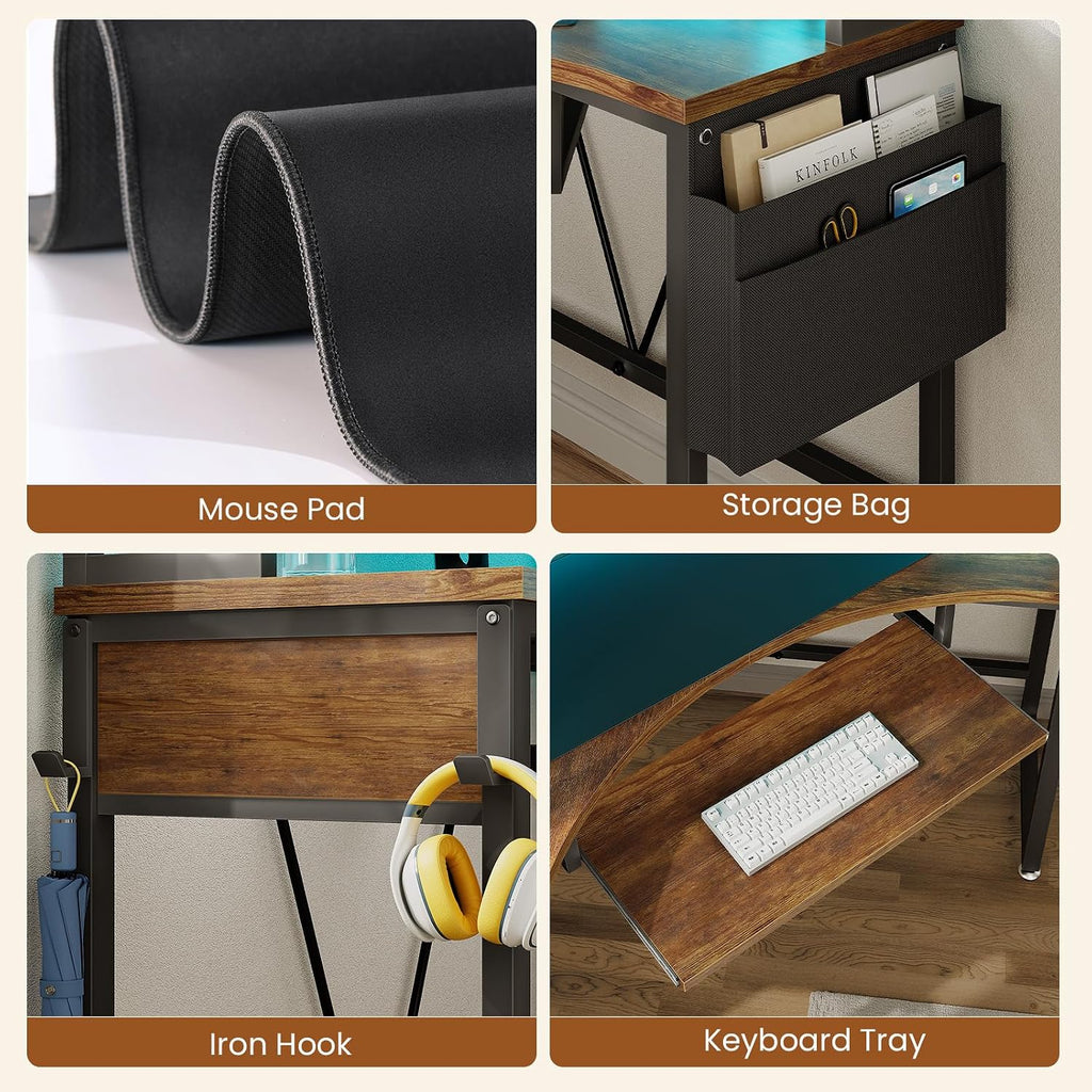SEDETA Corner Desk, 39' W x 62' H Small Office Desk with Hutch & LED Lights, Triangle Gaming Computer Desk with Keyboard Tray, Storage Bag, and Headphone Hook for Small Space, Rustic Brown