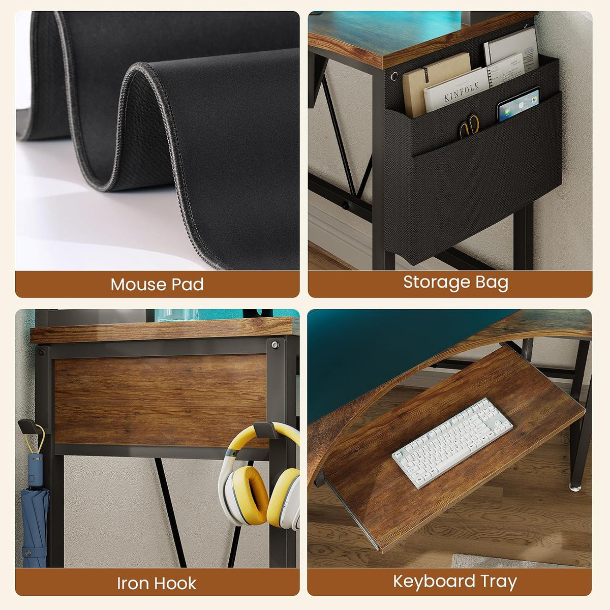 SEDETA Corner Desk, 39' W x 62' H Small Office Desk with Hutch & LED Lights, Triangle Gaming Computer Desk with Keyboard Tray, Storage Bag, and Headphone Hook for Small Space, Rustic Brown