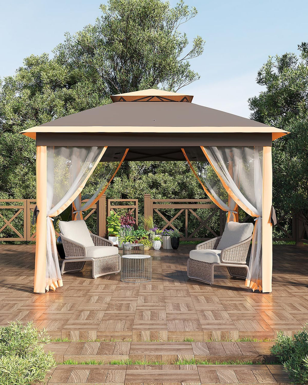 Canopy Tent 11x11, Pop Up Gazebo Tent Easy Setupwith 4 Sand Bags for Backyard Garden Patio, Mosquito Netting & Height Adjustable - Dark Brown