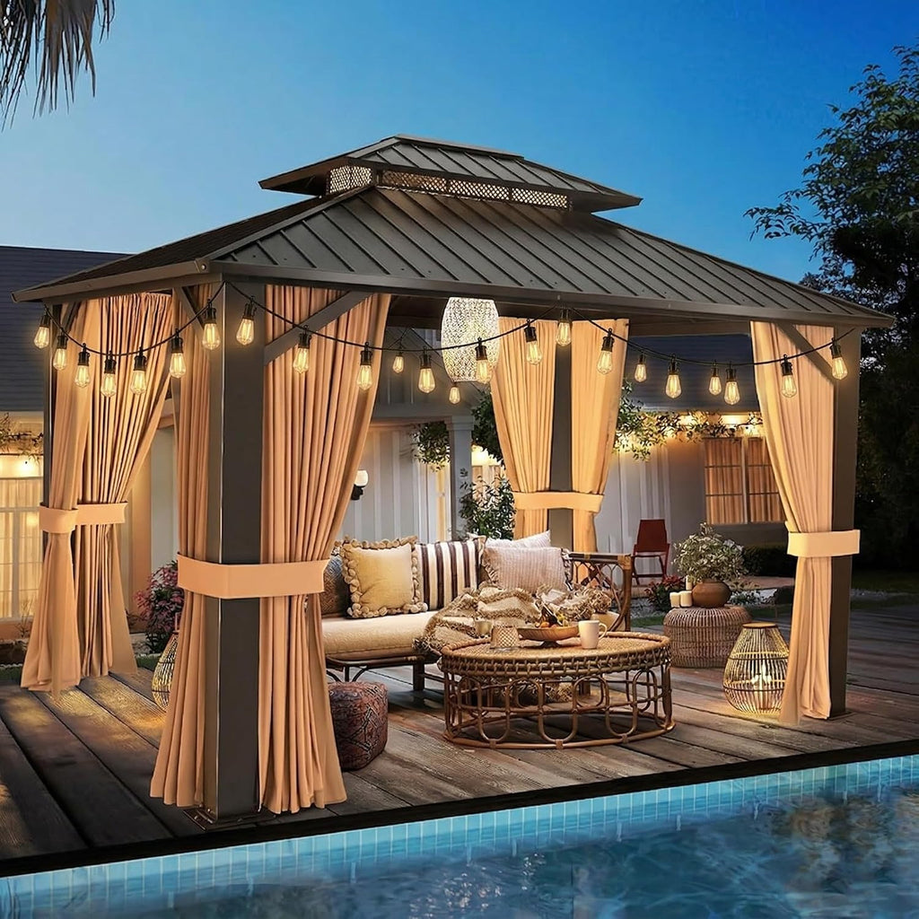 10'x12' Hardtop Gazebo with String Lights-50ft, Galvanized Steel Double Roof Canopy with Aluminum Frame, Outdoor Pavilion with Nettings and Curtains