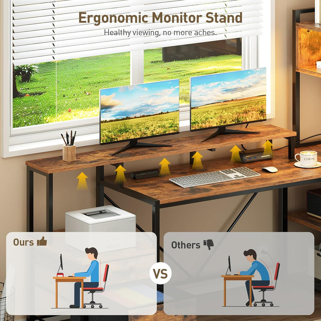 RALGEND 75' L Shaped Gaming Desk with Hutch, L Shaped Desk with Drawers, LED Light, Power Outlets & Pegboard, Corner Desk with Storage Shelves & Monitor Stand for Home Office, Rustic Brown and Black