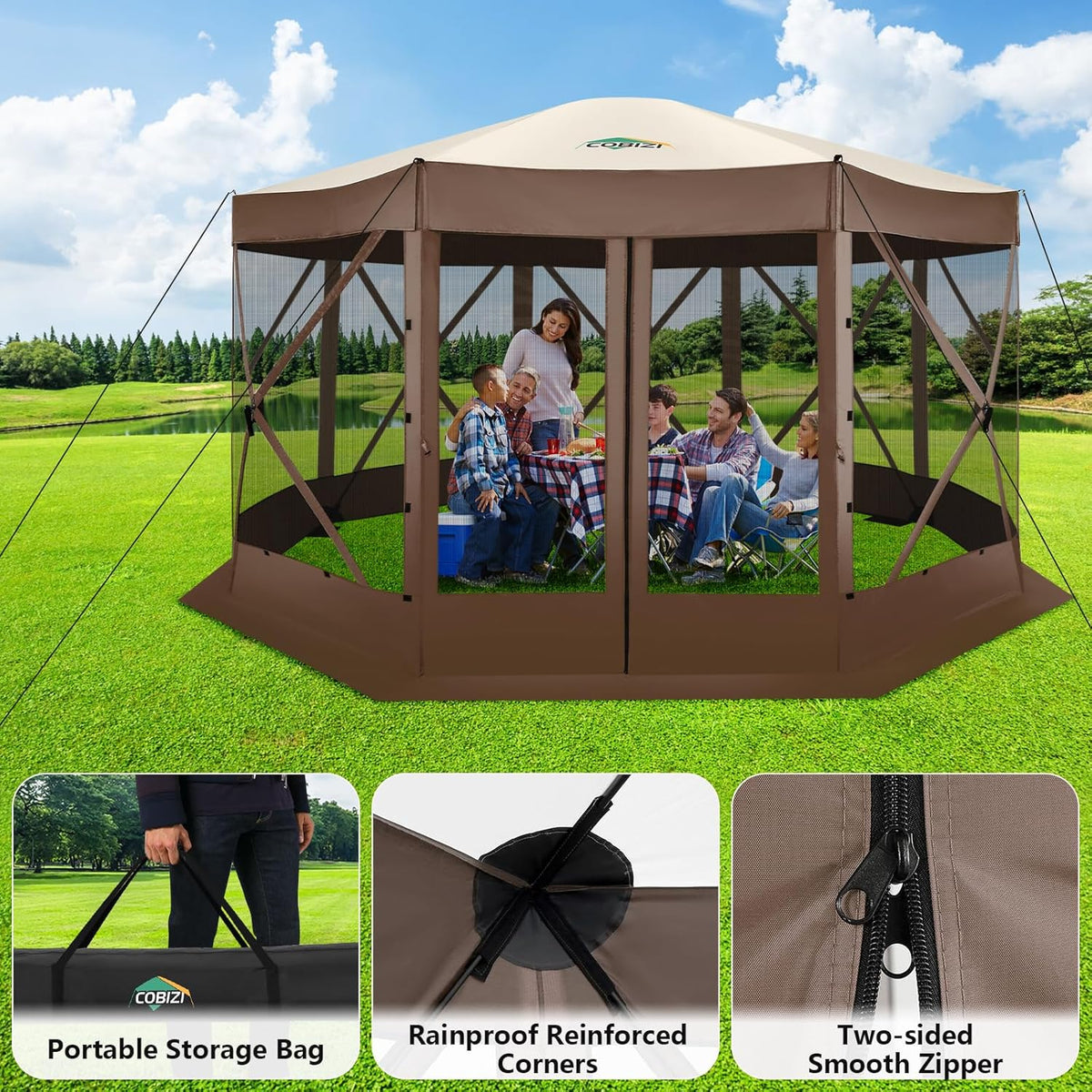COBIZI 15x15FT Pop Up Gazebo Screen Tent Screen House for Camping, Screen Room with Mosquito Netting, Hub Tent Instant Screened Canopy with Carrying Bag and Ground Stakes, Brown
