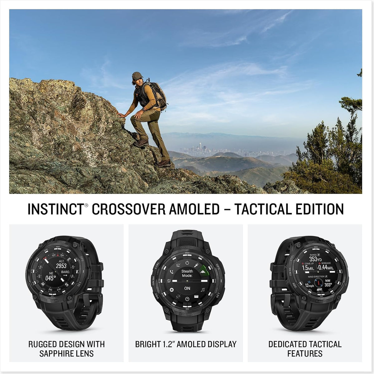 Garmin Instinct® Crossover AMOLED - Tactical Edition, Rugged Hybrid GPS Tactical Smartwatch with Analog Watch Hands and Bright AMOLED Display, Black with Black Silicone Band