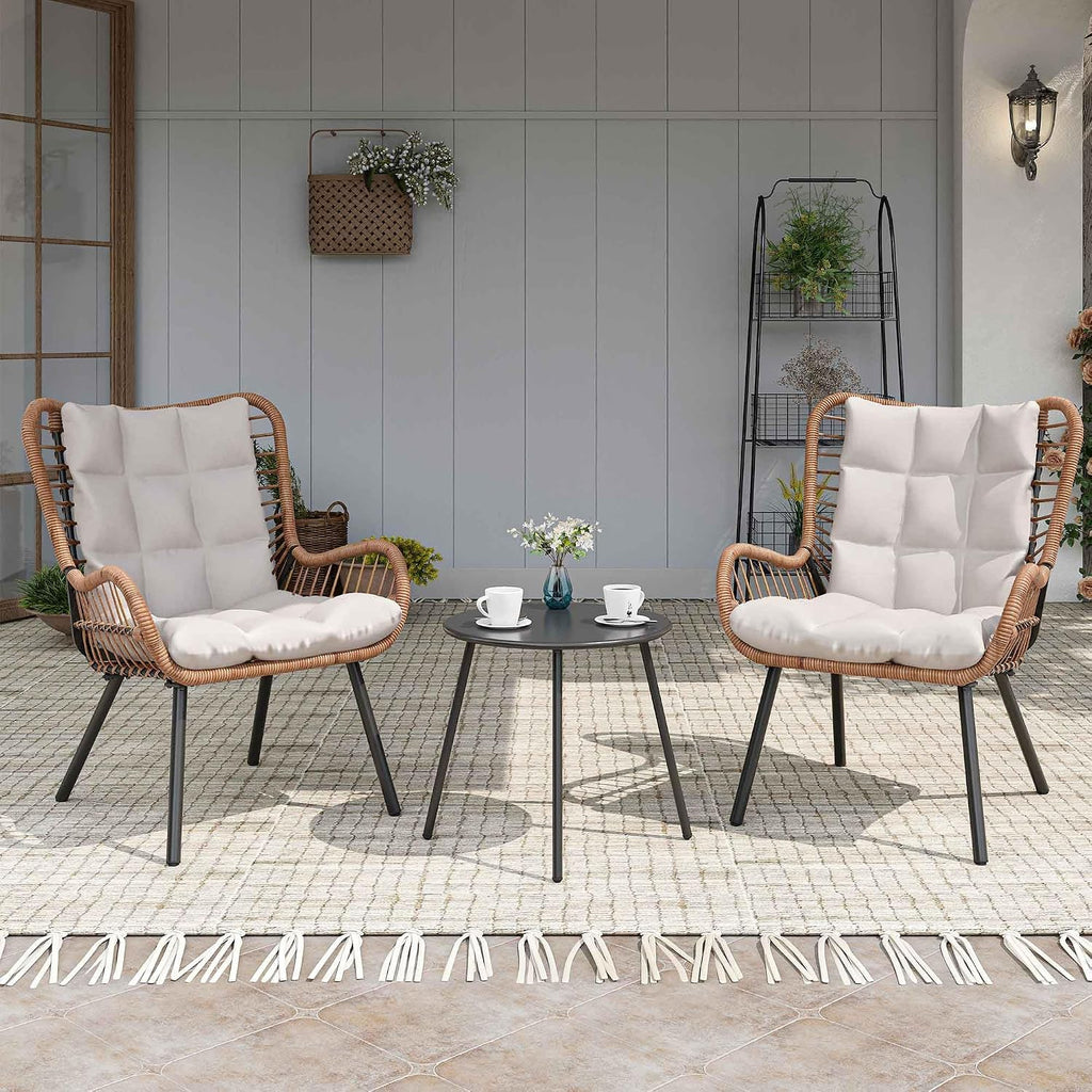 LAUSAINT HOME 3 Piece Outdoor Bistro Set, Small Patio Furniture Set with Coffee Table and Thick Cushions, Front Porch Furniture for Lawn, Garden, Balcony, Poolside, White