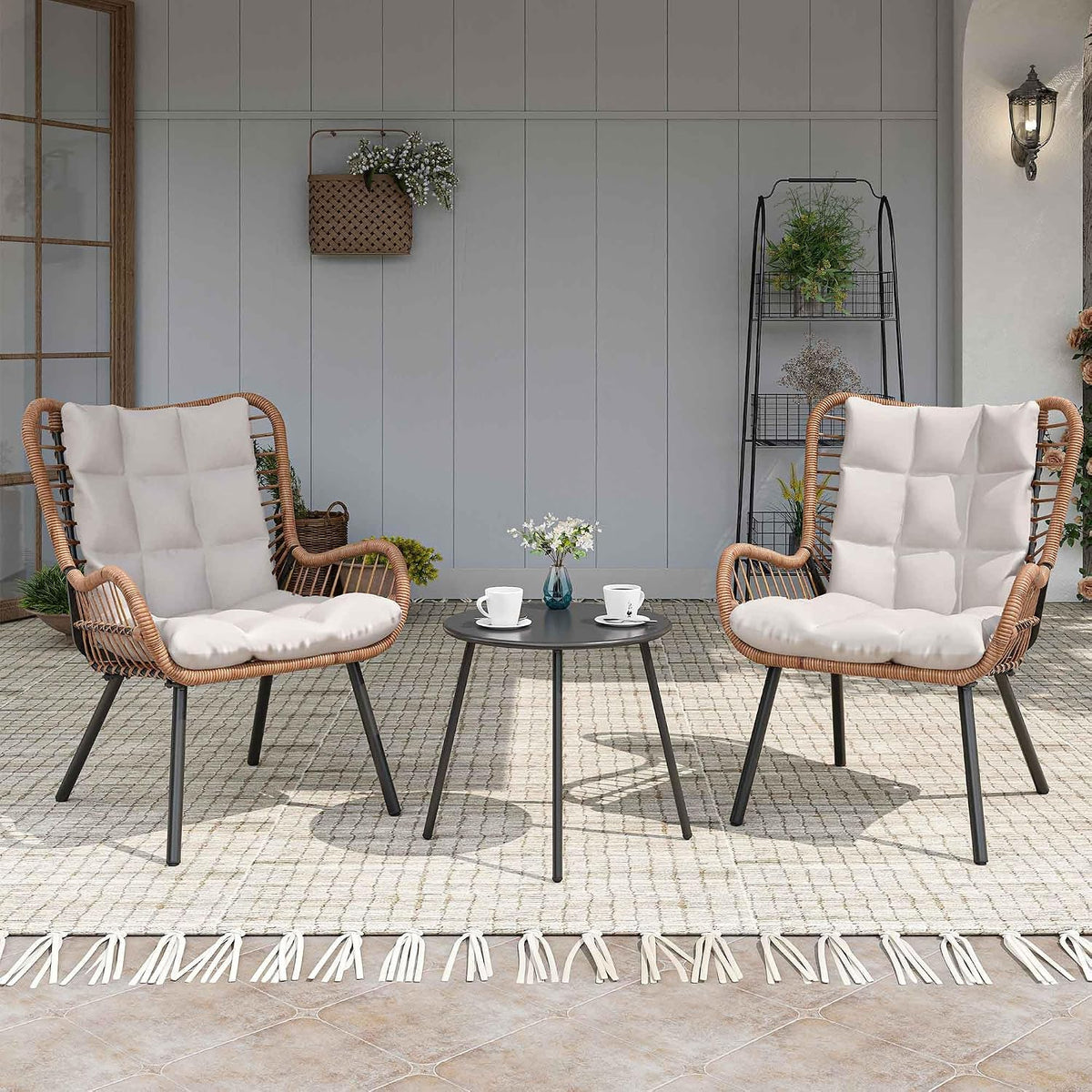 LAUSAINT HOME 3 Piece Outdoor Bistro Set, Small Patio Furniture Set with Coffee Table and Thick Cushions, Front Porch Furniture for Lawn, Garden, Balcony, Poolside, White