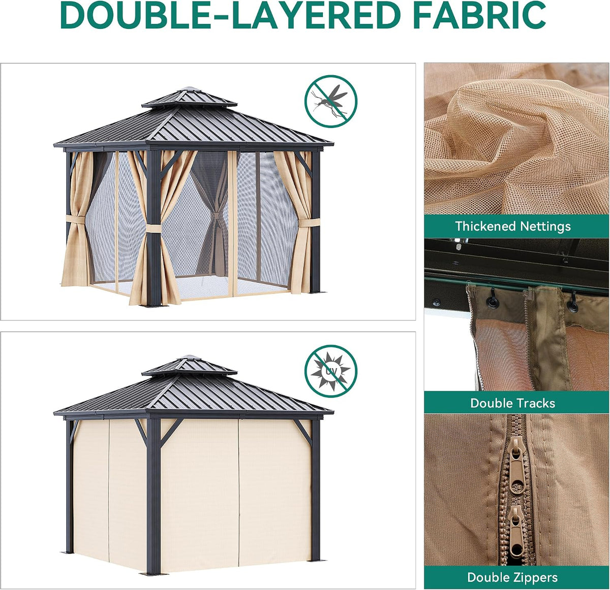 YITAHOME 10x10ft Gazebo Double Roof Hardtop with Nettings and Curtains, Heavy Duty Galvanized Steel Outdoor Vertical Stripes Roof for Patio, Backyard, Deck, Lawns, Brown