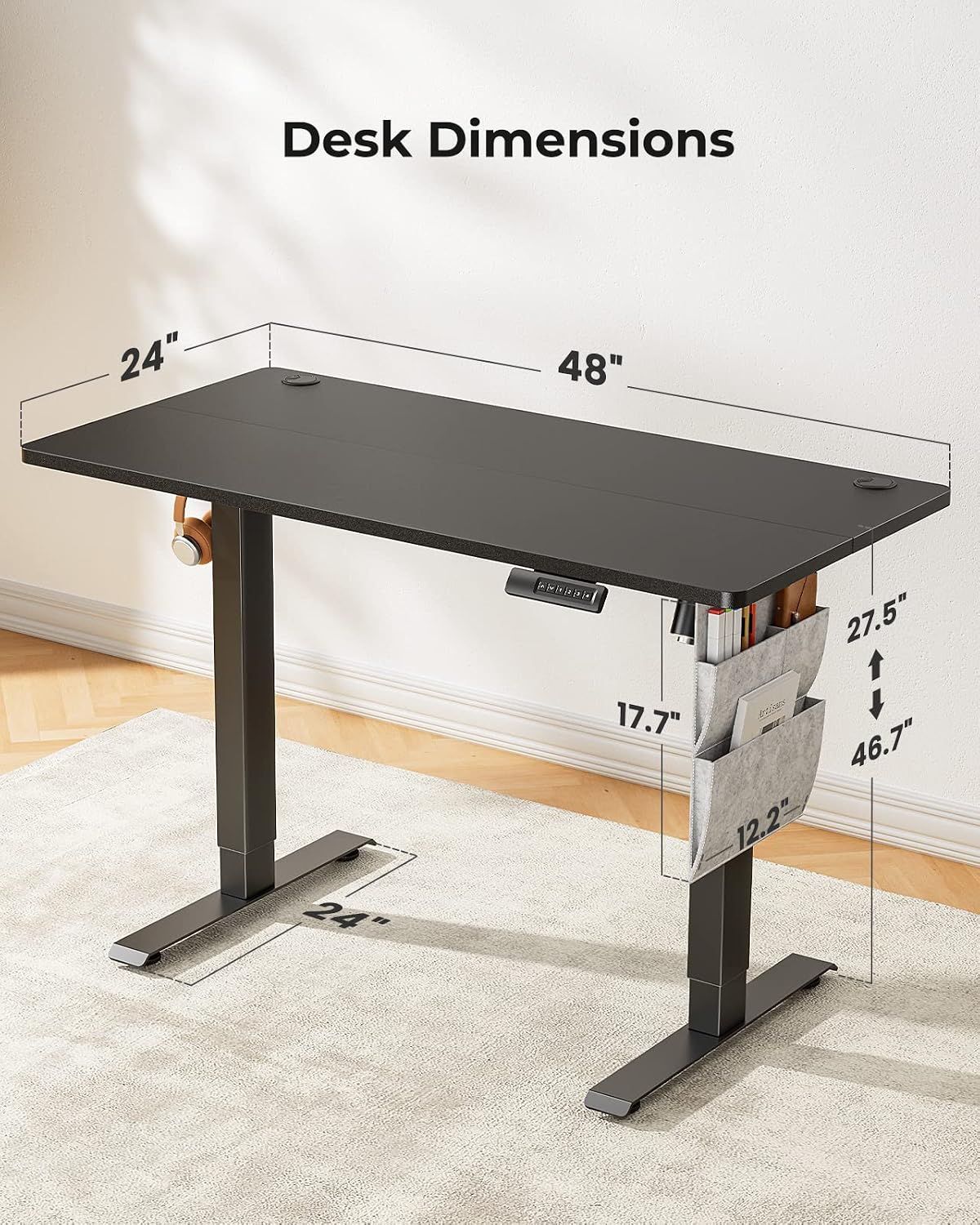 Marsail Electric Adjustable Height Standing Desk with Storage Bag, 48 * 24' Sit Stand Up Desk for Home Office,Computer Gaming Workstation, 4 Memory Height Settings,Cable Manager, and Headphone Hook