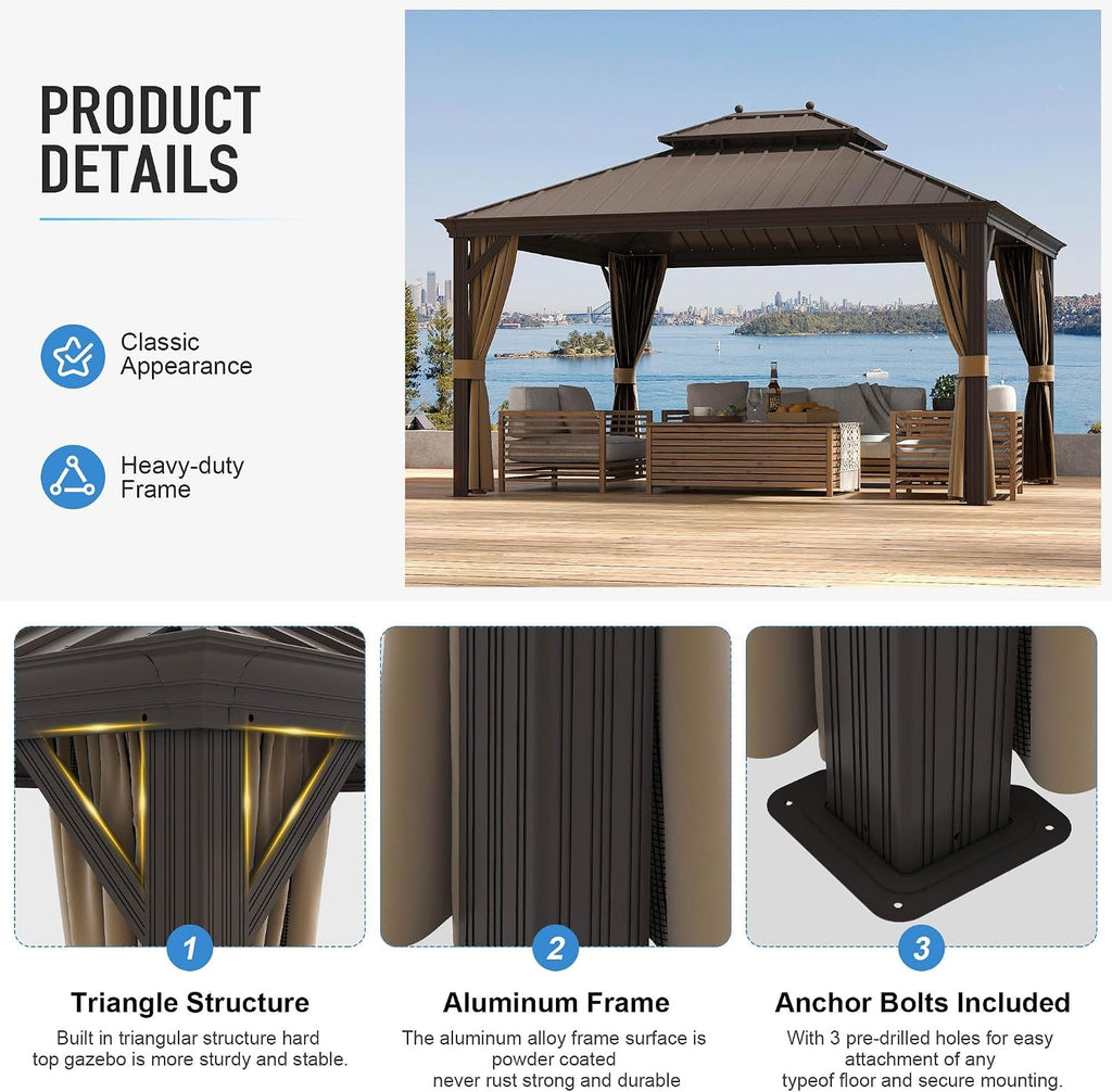 12x16 ft Hardtop Gazebo Outdoor Aluminum Patio Gazebo Double Roof Galvanized Steel Canopy with Netting and Curtains for Garden, Backyard, Deck and Lawns.
