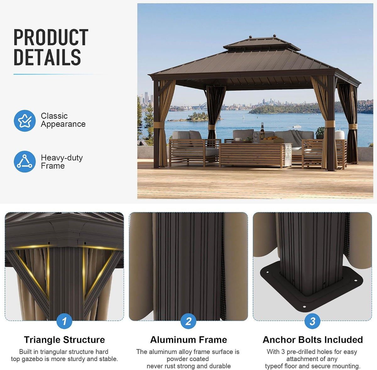 12x16 ft Hardtop Gazebo Outdoor Aluminum Patio Gazebo Double Roof Galvanized Steel Canopy with Netting and Curtains for Garden, Backyard, Deck and Lawns.
