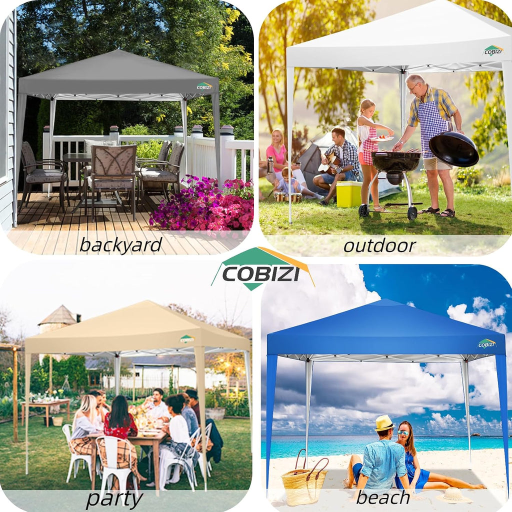 COBIZI 10x10 Pop Up Canopy Tent with 4 Sandbags, Easy Set Up Gazebo, Instant Outdoor Sun Shade &Waterproof Canopy with 8 Stakes,4 Ropes&Carry Bag, Tents for Parties, Beach, Backyard,Camping(Blue