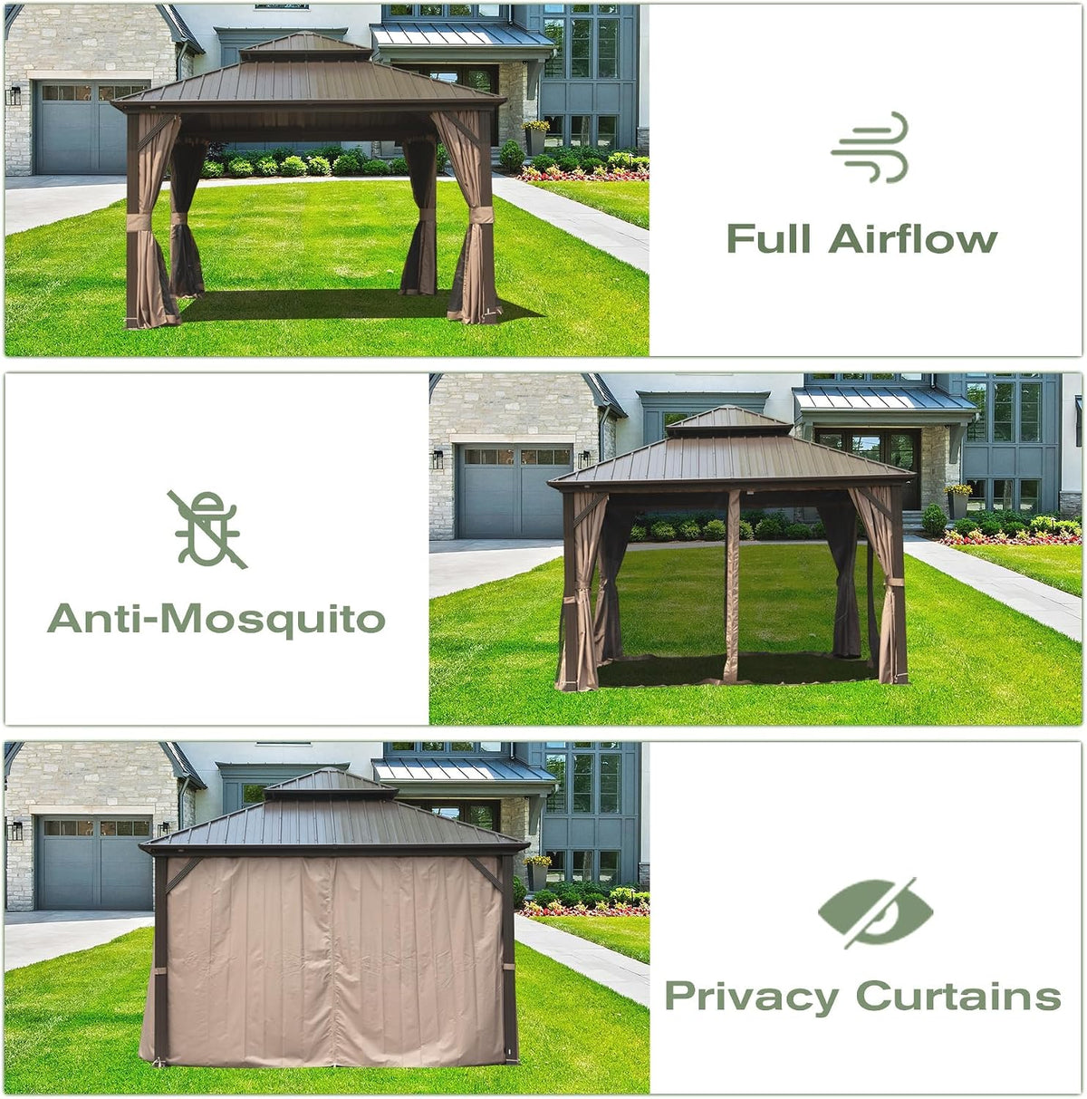 Domi 10' x 12' Hardtop Gazebo, Outdoor Metal Gazebo for Patios with Galvanized Steel Double Roof, Heavy Duty Curtains and Netting Included, Permanent Pergola for Backyard, Garden Lawn, Brown