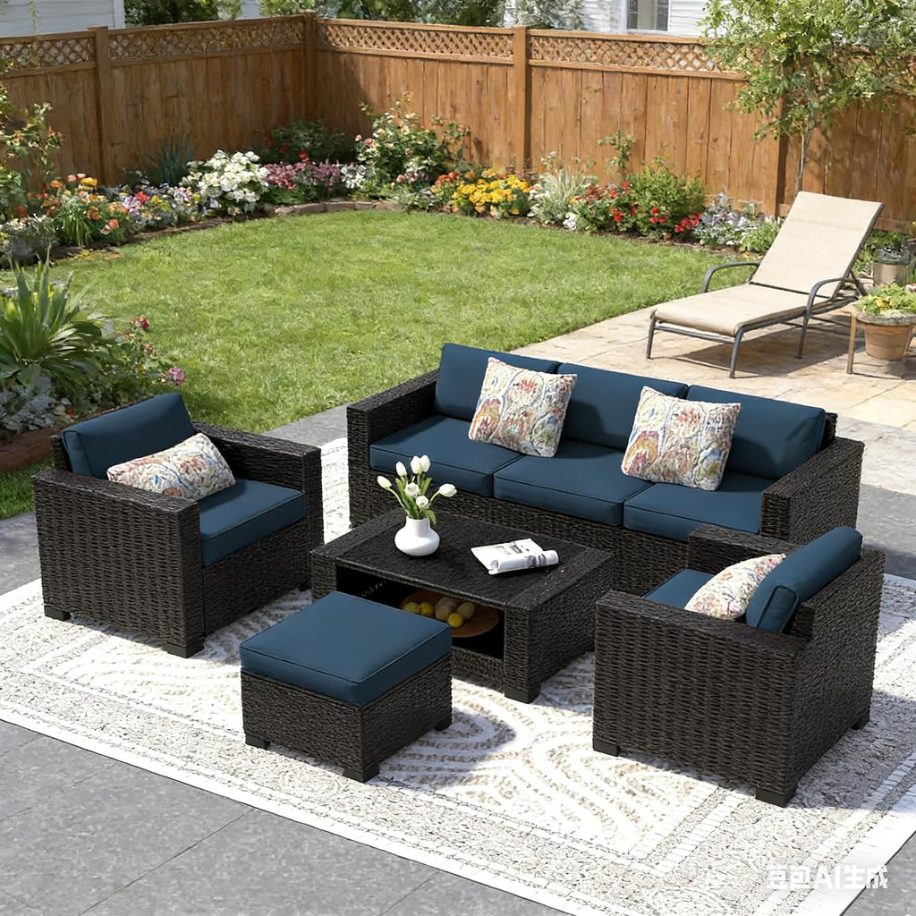 SHGJ&SOFT 7 Piece Patio Furniture Set, Wicker Outdoor Sectional Sofa with Washable Cushion Covers and Tempered Glass Table, Rattan Conversation Set for Poolside