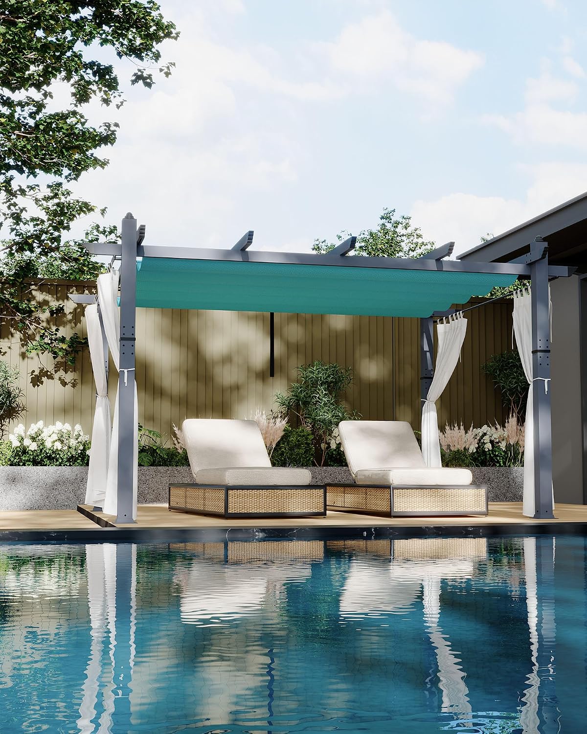 KYBOLT 10x13 Ft Outdoor Pergola with Retractable Canopy & Side Mesh Screen Patio Gazebo for Garden Backyard Deck Grape Trellis(Blue+White)