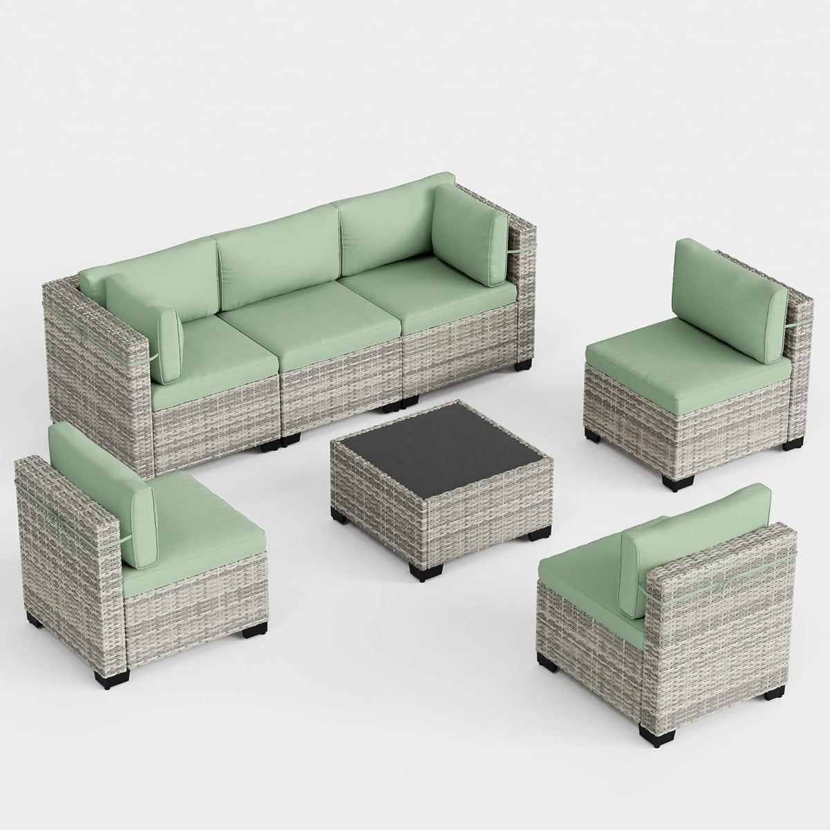 7-Piece Outdoor Patio Furniture Set, PE Wicker Rattan Sectional Sofa Conversation Set with Tempered Glass Table & Thick Cushions - All-Weather Garden, Backyard Furniture, Light Green