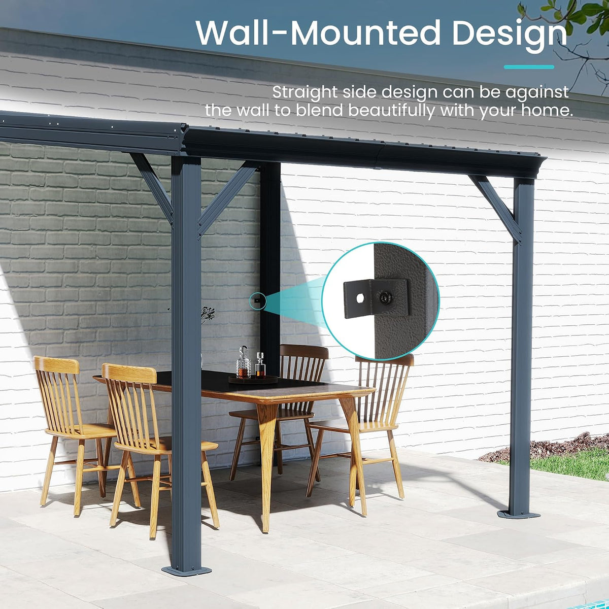 Domi 8' x 8' Lean to Gazebo, Wall Mounted Gazebos Pergola with Built in Drainage System, Galvanized Steel Roof, Hardtop Patio Shelter for Deck, Porch, Backyard and More