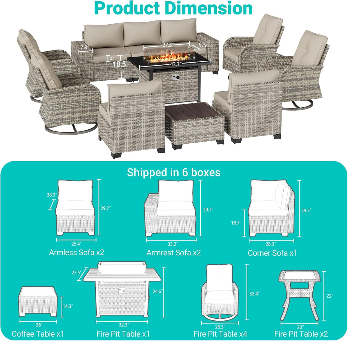 13-Piece Outdoor Patio Furniture Set with Rocking Swivel Chair, PE Wicker Rattan Sectional Sofa Patio Conversation Set with 55,000 BTU Fire Pit Table & Coffee Table, Sand