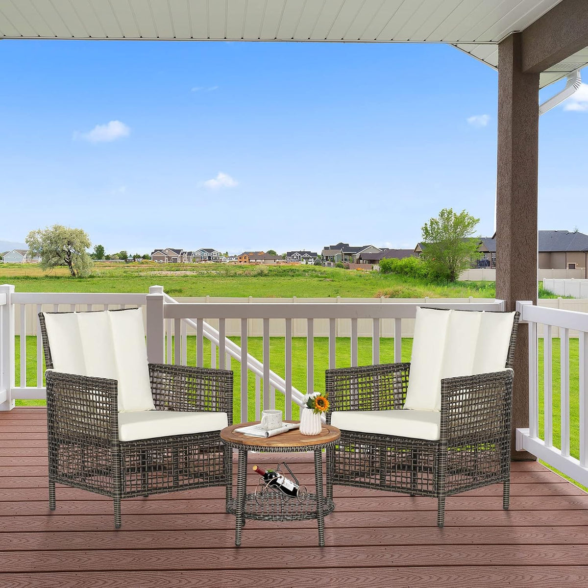 HAPPYGRILL 3 Pieces PE Wicker Bistro Set with Cushions, Patio Furniture Sofa Set with Side Table, Outdoor Conversation Set for Garden Poolside and Backyard