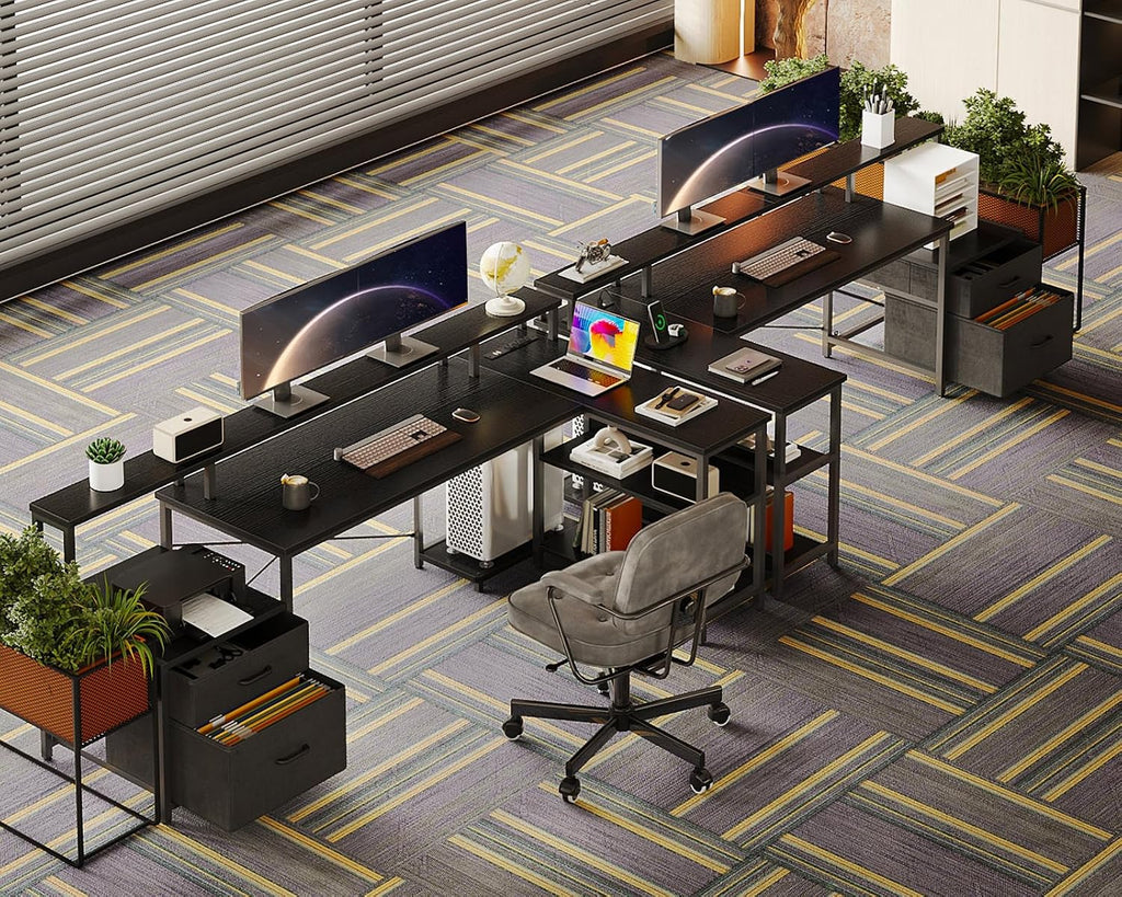 ODK 75' L Shaped Desk with File Drawers, Work from Home Office Desk with Power Outlet, Reversible Computer Desk with Storage Shelves, Gaming Desk with Monitor Shelf, Corner WFM Table, Black