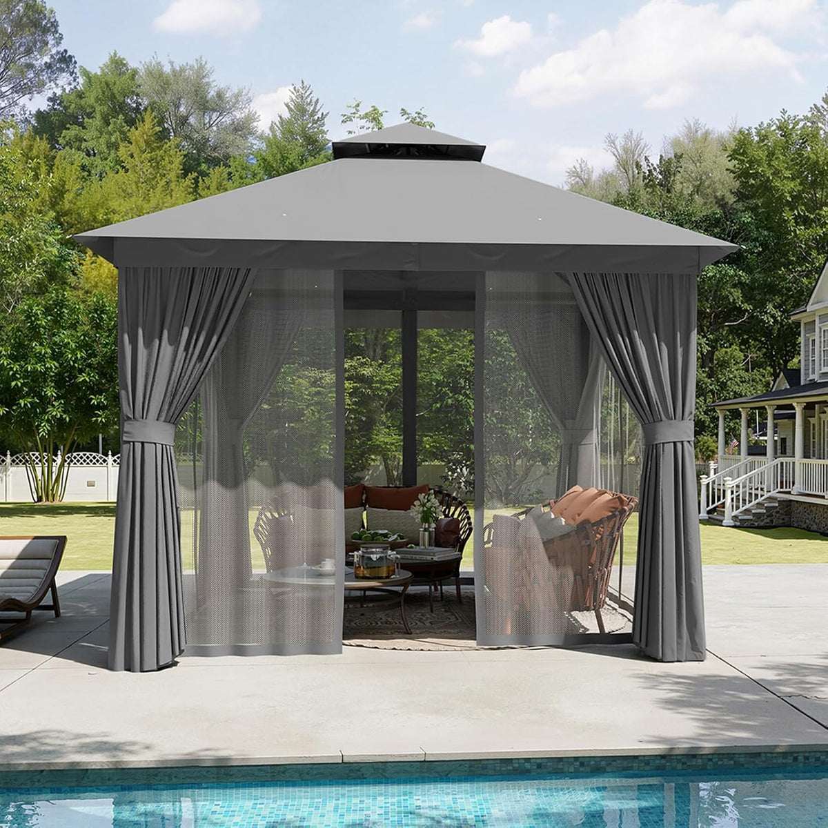 Aoxun 10x10 Outdoor Gazebo for Patio, Metal Frame Canopy Gazebo Double Roof Heavy Duty Backyard Gazebo with Mosquito Netting & Privacy Screen, Patio Shelter for Garden Lawn Deck (Grey)