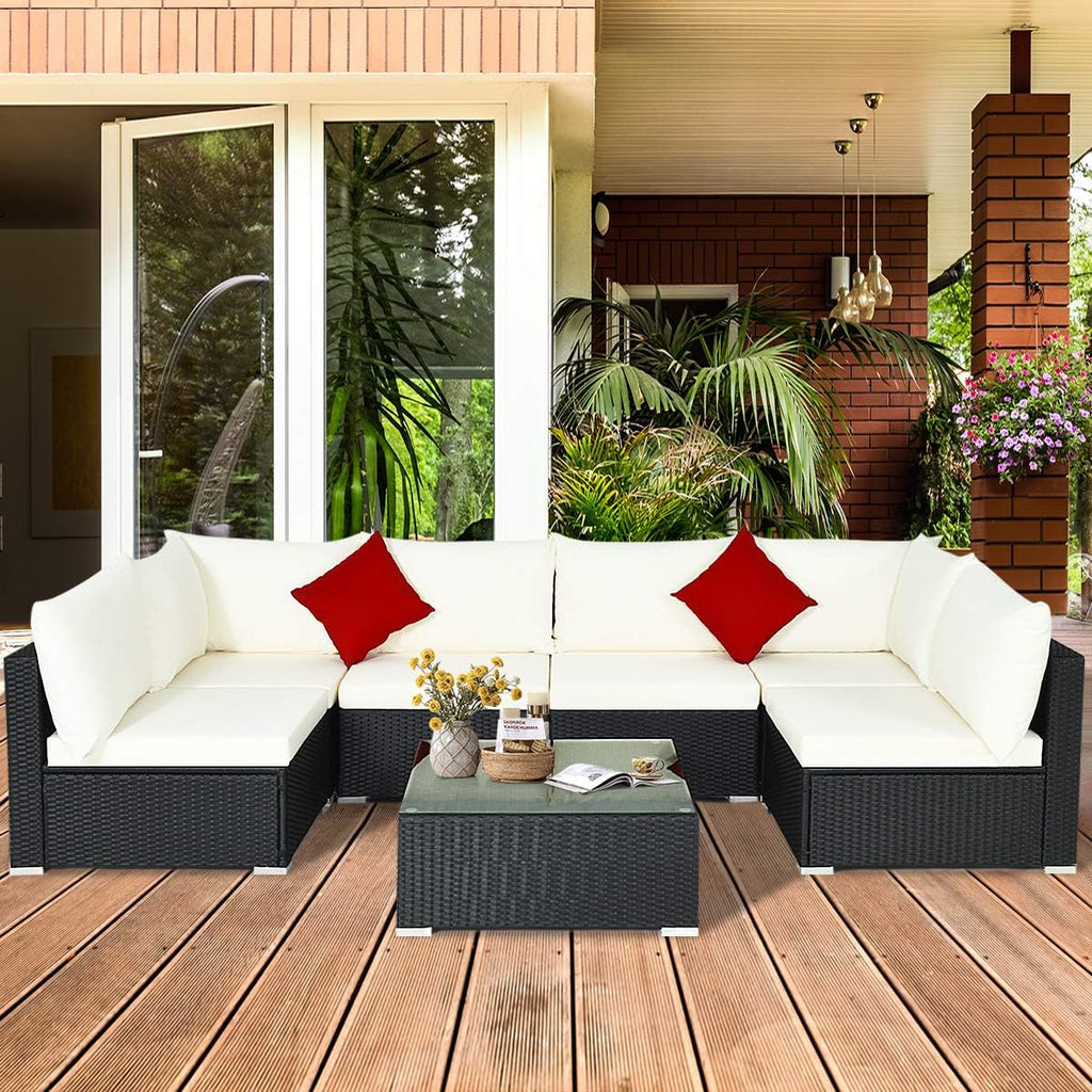 HAPPYGRILL 7-Pieces Patio Furniture Set Outdoor Rattan Wicker Sectional Sofa Set with Cushions & Pillows & Coffee Table for Garden Lawn