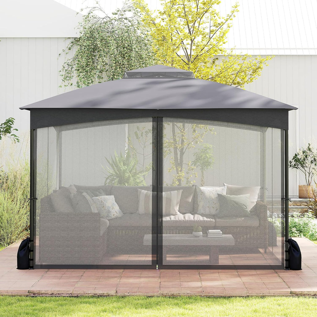 Tangkula 10x12 FT Outdoor Gazebo with Netting, Double Roof Patio Shelter with 4 Sandbags, Zippered Doors, Heavy-Duty Metal Frame, Metal Patio Gazebo for Yard Garden Lawn (Grey)