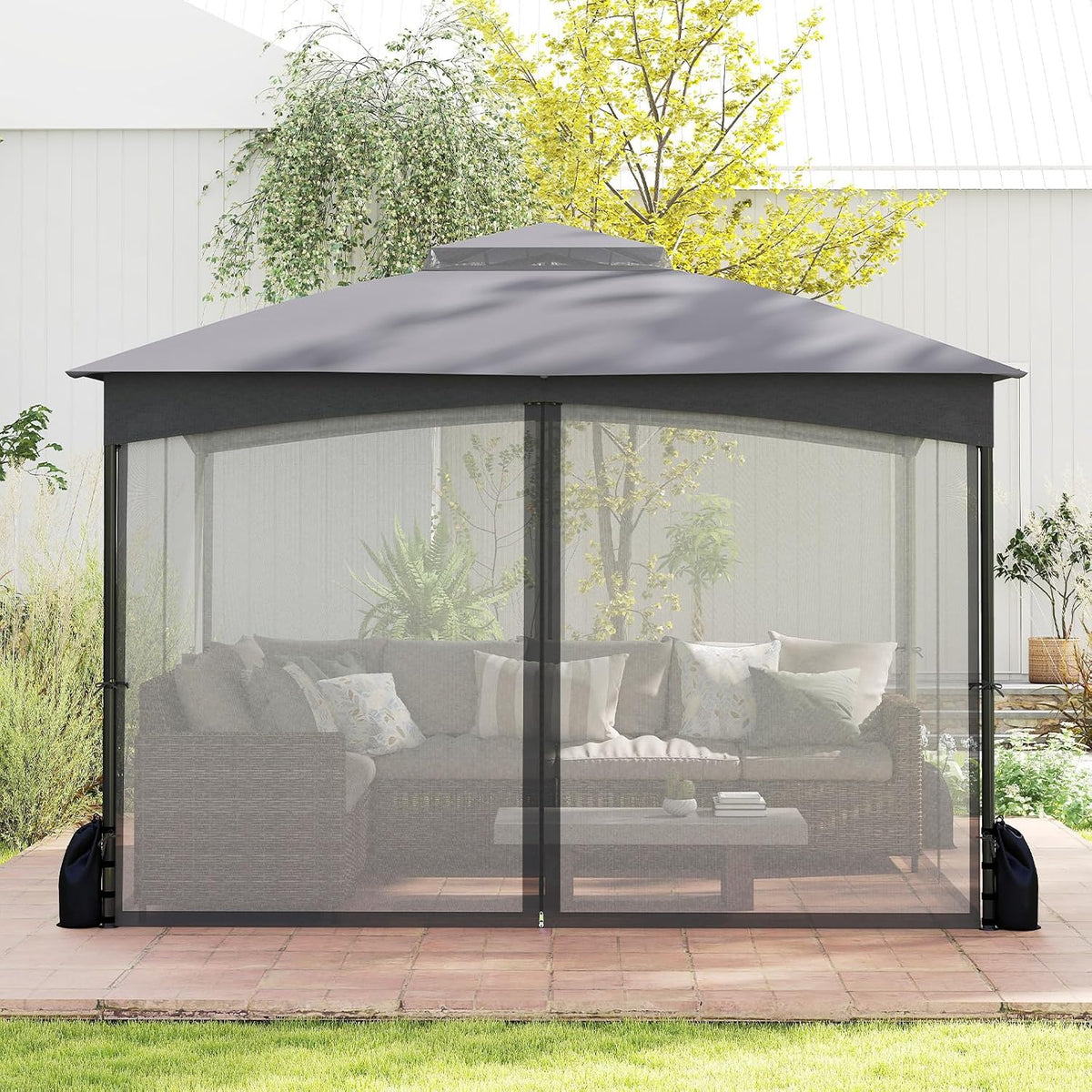 Tangkula 10x12 FT Outdoor Gazebo with Netting, Double Roof Patio Shelter with 4 Sandbags, Zippered Doors, Heavy-Duty Metal Frame, Metal Patio Gazebo for Yard Garden Lawn (Grey)