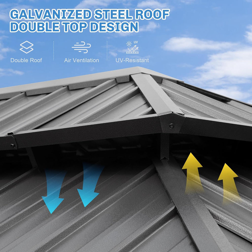 12×24 ft Outdoor Gazebo with Double-Layered Galvanized Steel roof, Hard-top Canopy Featuring Curtains and mesh Panels, Suitable for patios, Gardens, Decks, lawns, and backyards.