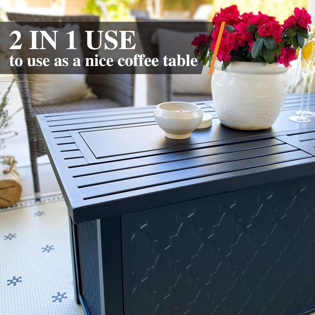MIXPATIO Patio Furniture Set with Firepit Table, 4 Pcs Metal Outdoor Conversation Set, 2 Single Chairs and 3 Seater Sofa with 5.75' Extra Thick Cushion and Gas Fire Pit Table for Backyard Deck, Beige