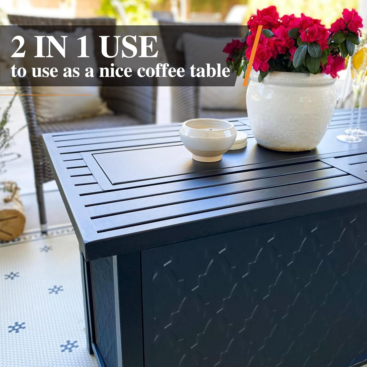 MIXPATIO Patio Furniture Set with Firepit Table, 4 Pcs Metal Outdoor Conversation Set, 2 Single Chairs and 3 Seater Sofa with 5.75' Extra Thick Cushion and Gas Fire Pit Table for Backyard Deck, Beige