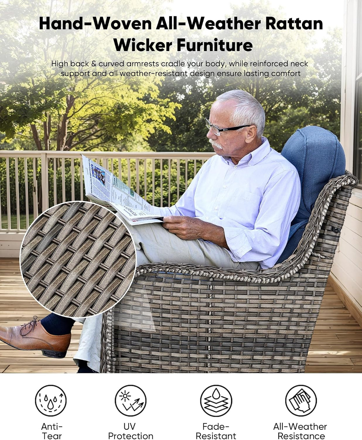 HUMMUH Wicker Patio Furniture High Back Swivel Rocker Patio Chairs Outdoor Bistro Set with Ottomans Side Table for Porch Garden Deck