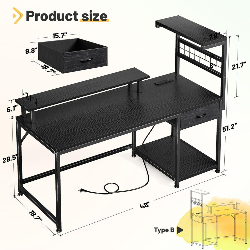 EnHomee 48' Gaming Desk with LED Lights & Power Outlets, Home Office Desk with Monitor Stand, Computer Desk with Drawer & Storage Shelves for Living Room, Study Room, Gaming Room, Black