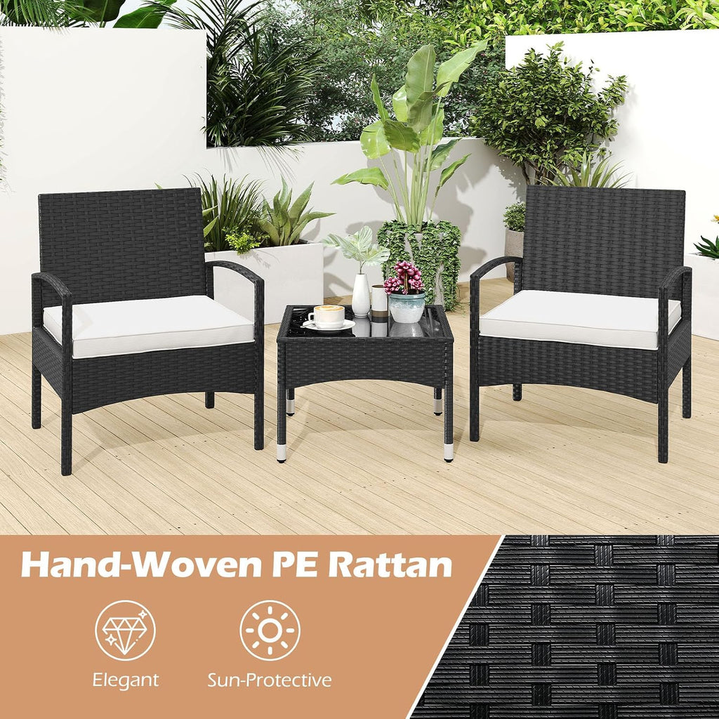 RELAX4LIFE 3-Piece Patio Furniture Set - Rattan Conversation Set, Wicker Bistro Set w/2 Chairs, Glass Coffee Table, Steel Frame, Outdoor Chairs Set for Yard Balcony, Front Porch Furniture (Off White)