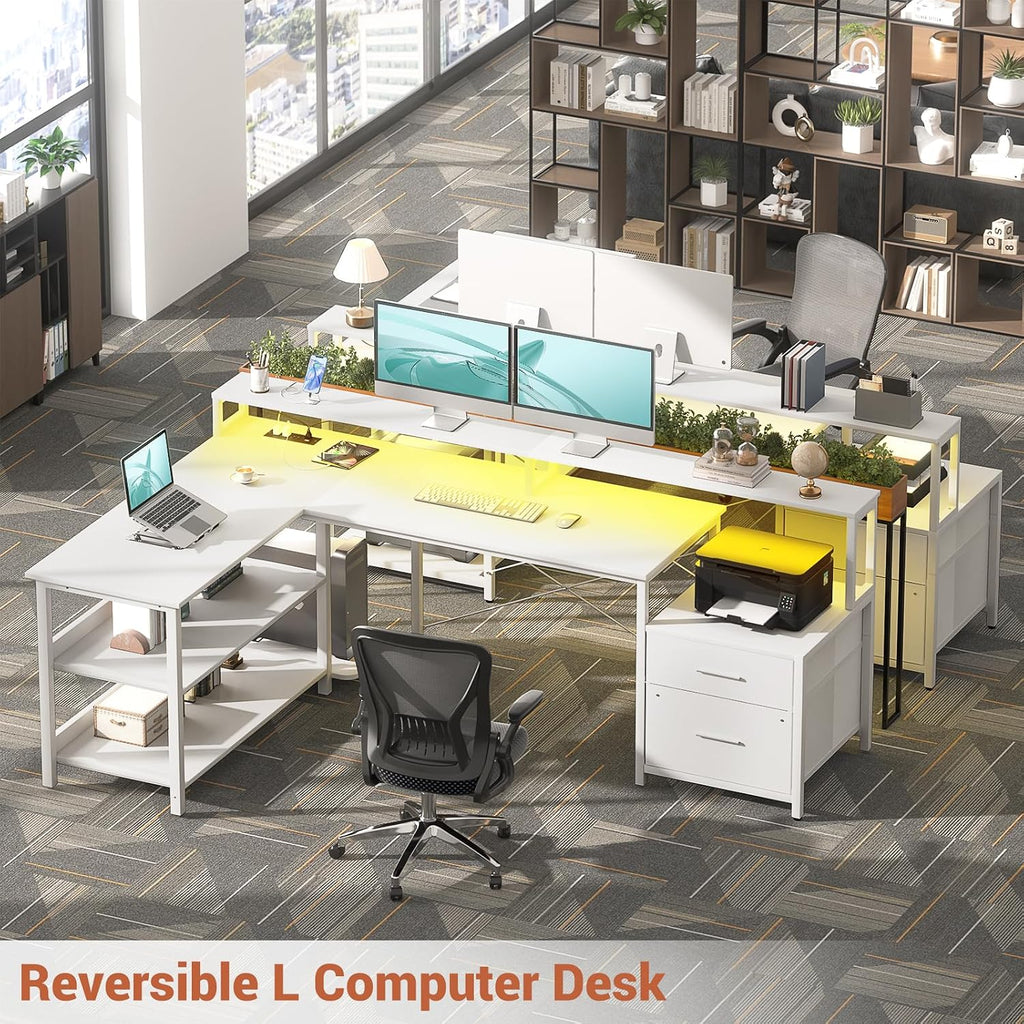 Aheaplus L Shaped Desk with File Drawer, 66' Reversible L Shaped Computer Desk with Power Outlet & LED Strip, Gaming Desk with Long Monitor Stand, Office Desk Corner Desk with Storage Shelf, White