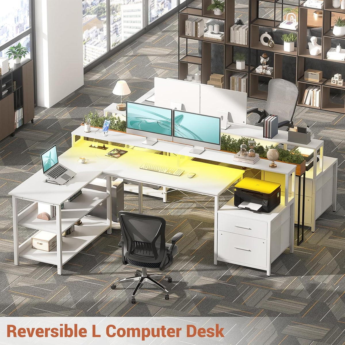 Aheaplus L Shaped Desk with File Drawer, 66' Reversible L Shaped Computer Desk with Power Outlet & LED Strip, Gaming Desk with Long Monitor Stand, Office Desk Corner Desk with Storage Shelf, White