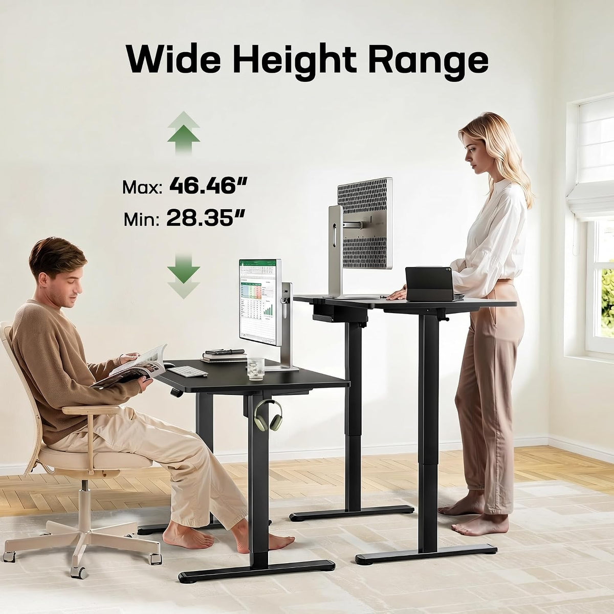 Electric Standing Desk Adjustable Height, 48 x 30 inch Standing Desk with Deeper Tabletop & 4 Memory Presets, One Piece Standing Desk for Home Office & Computer Workstation, Black Wooden,2 Packages