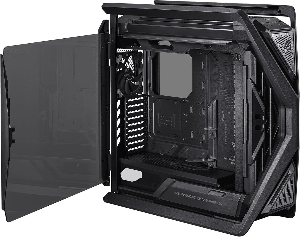 ASUS ROG Hyperion GR701 BTF Edition PC case, ASUS ATX BTF motherboards Support, 420 mm Dual Radiator Support, Four 140 mm Fans, Metal GPU Holder, Component Storage, ARGB Fan hub, 60W Fast Charging