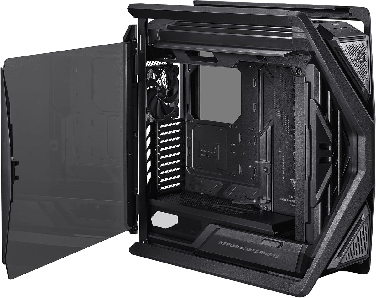 ASUS ROG Hyperion GR701 BTF Edition PC case, ASUS ATX BTF motherboards Support, 420 mm Dual Radiator Support, Four 140 mm Fans, Metal GPU Holder, Component Storage, ARGB Fan hub, 60W Fast Charging