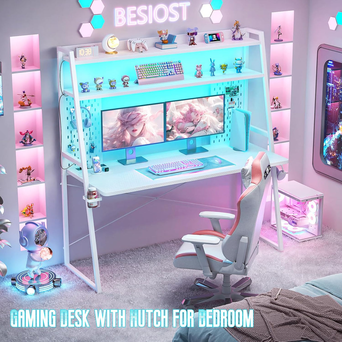 Besiost Gaming Desk with Hutch and LED Lights, Gaming Computer Desk with Power Outlets, Gamer Desk with Storage Shelves, PC Game Desk with Pegboards for Bedroom, Carbon Fiber White, 49'