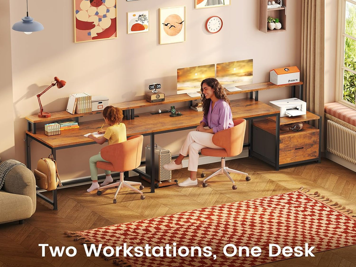 SEDETA 66' L Shaped Desk with Power Outlet, Reversible Home Office Computer Desk with File Drawer & Monitor Shelf, Storage Shelves, LED Lights, Rustic Brown for Corner Small Spaces