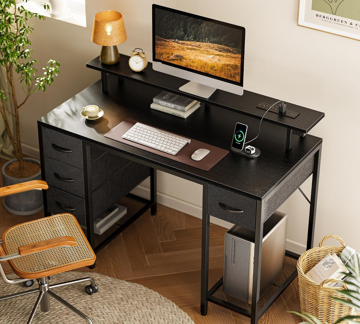Huuger 47 inch Computer Desk with 4 Drawers, Gaming Desk with LED Lights & Power Outlets, Home Office Desk with Large Storage Space for Bedroom, Work from Home, Black