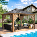 EROMMY 10'x12' Hardtop Gazebo, Wooden Finish Coated Aluminum Frame Canopy with Galvanized Steel Roof, Outdoor Metal Gazebo with Curtains and Nettings for Patio, Backyard, Deck and Lawns