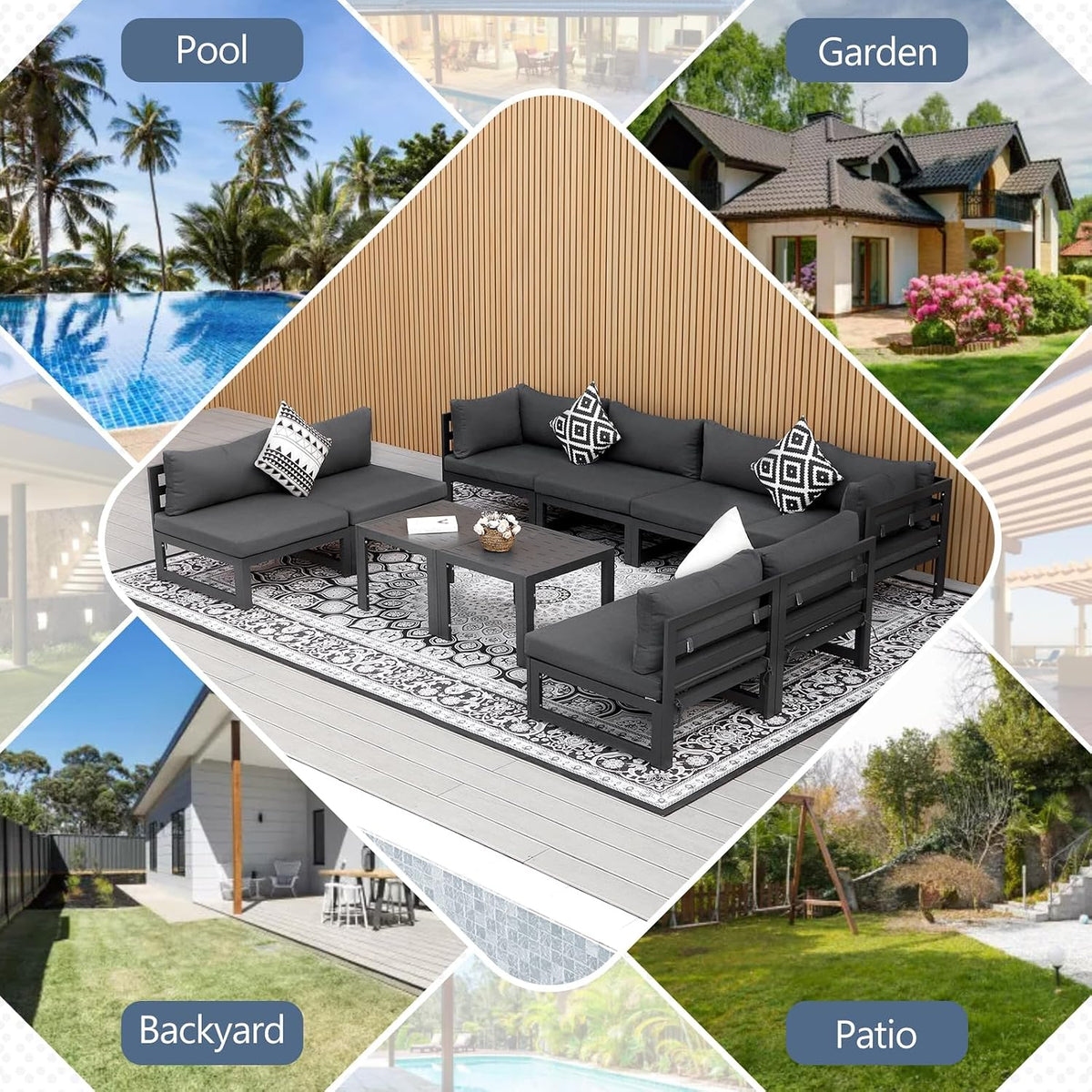 RADIATA 10 Pcs L-Shaped Contemporary Aluminum Outdoor Furniture Set, 29' Deep Wide Large Couch Set, 500 lbs High Weight Capacity Modular Patio Sectional Sofa with Side Table for Garden Yard, Dark Gray