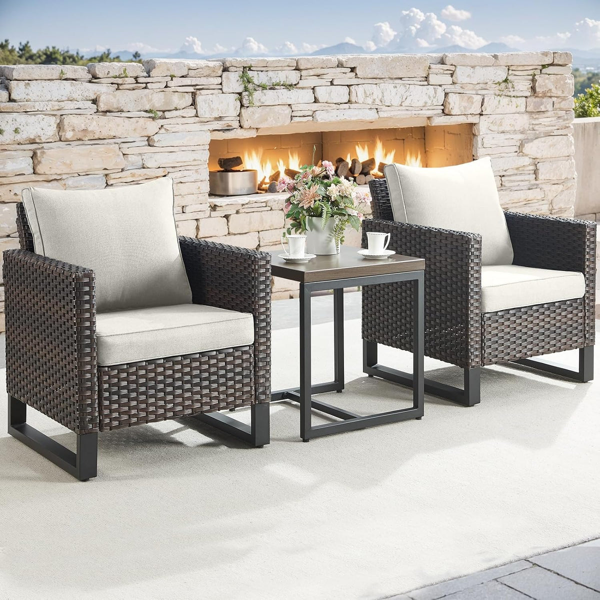 Luxury Wicker Outdoor Patio Chairs Set - 3 Piece Rattan Patio Furniture Bistro Chairs Set with Waterproof Wicker,Comfortable Cushions and Sturdy Metal Frame for Porch Deck Backyard(Brown/Beige)