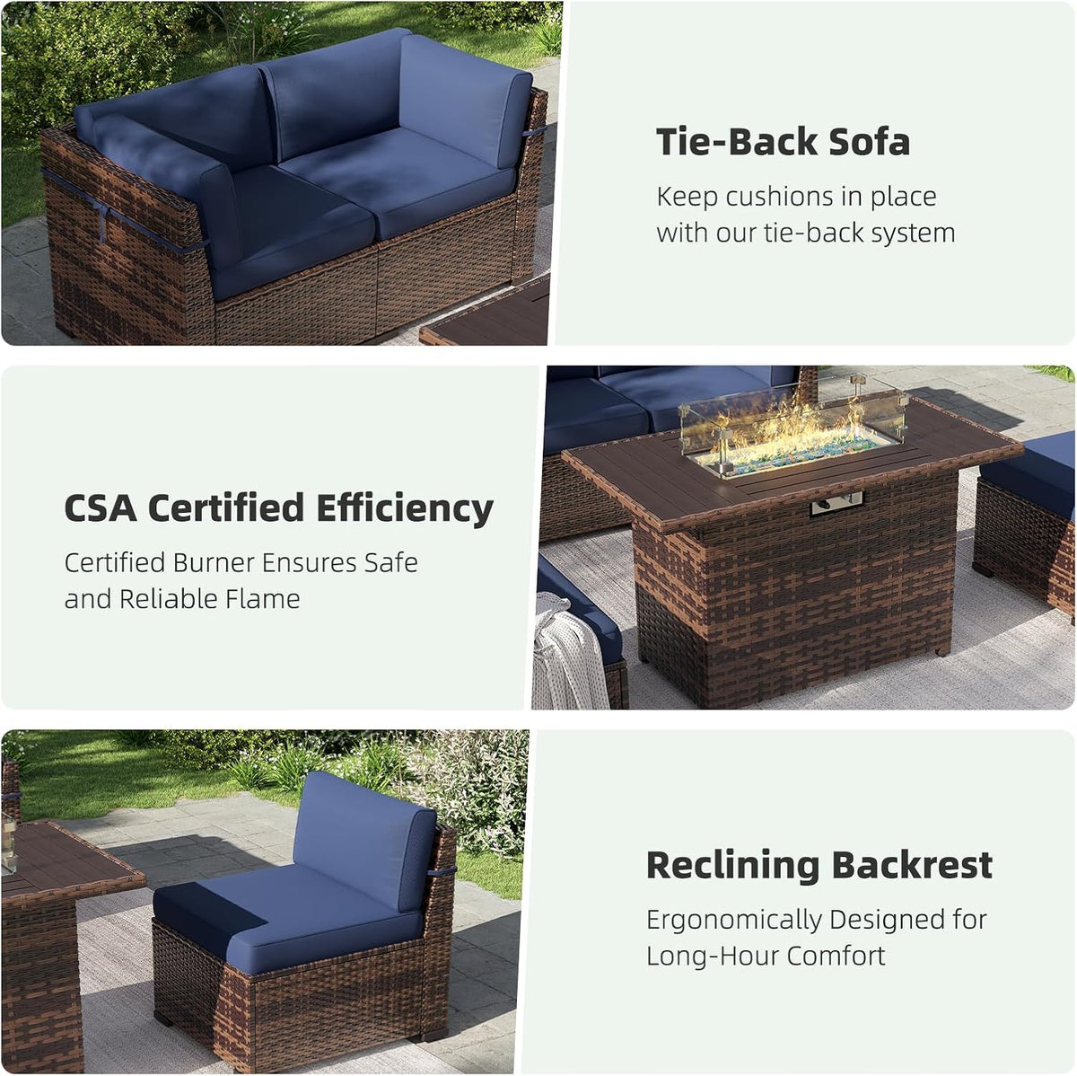 Amopatio 8-Piece Outdoor Patio Furniture Set with 44' Fire Pit Table, Modern Rattan Sectional Couch with Tempered Glass Coffee Table, Thickened Cushions and Include Waterproof Cover (Navy Blue)