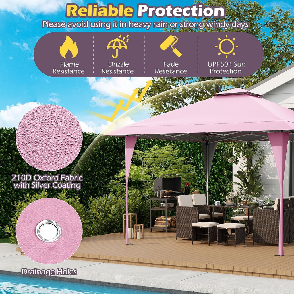 Tangkula 13x13 FT Pop Up Gazebo, UPF50+ Outdoor Sunshade Shelter with Carrying Bag, 8 Stakes, 4 Wind Ropes, Foldable Outdoor Gazebo for Beach Party Event Camping (Pink)