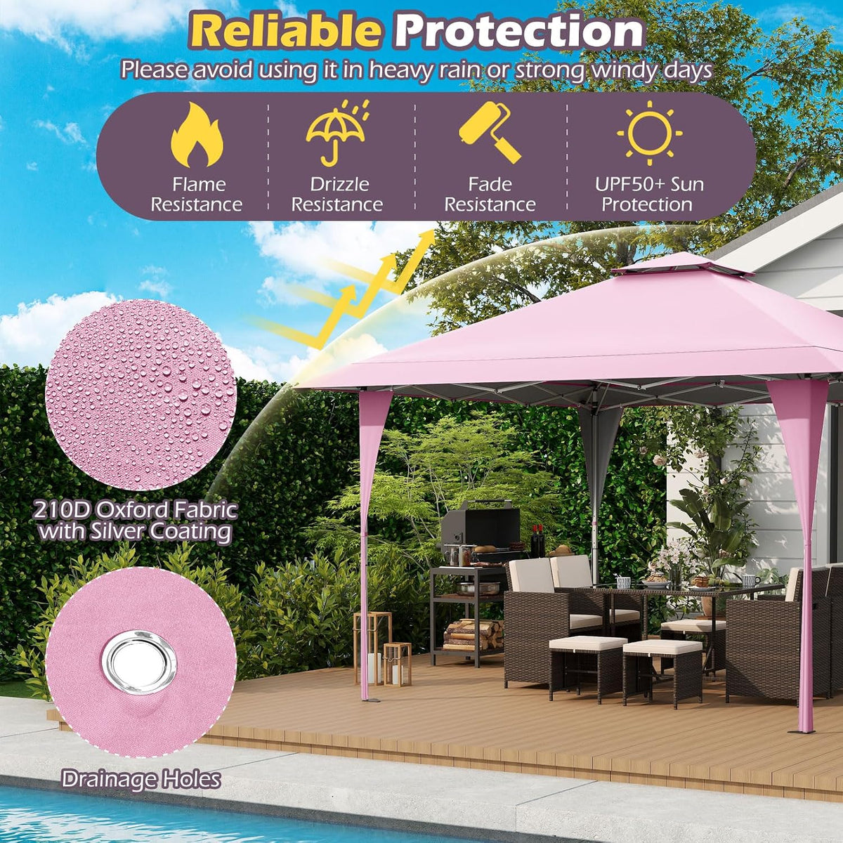 Tangkula 13x13 FT Pop Up Gazebo, UPF50+ Outdoor Sunshade Shelter with Carrying Bag, 8 Stakes, 4 Wind Ropes, Foldable Outdoor Gazebo for Beach Party Event Camping (Pink)
