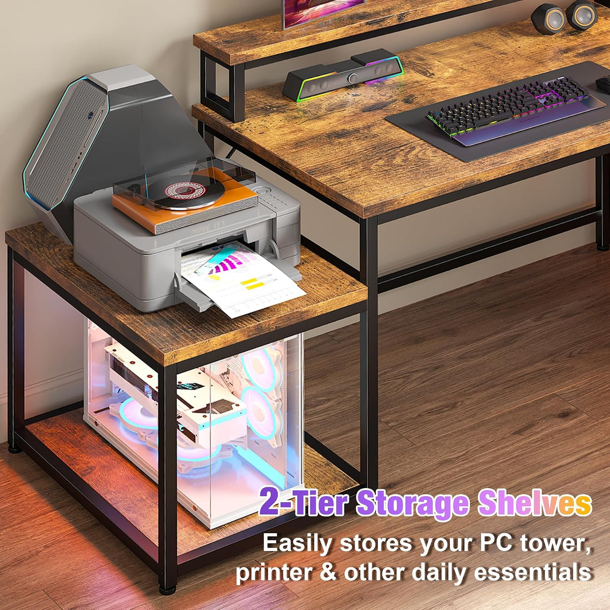EnHomee 63' L Shaped Gaming Desk with LED Lights & Power Outlets,Reversible Corner Gaming Table with Storage Shelf & Hooks,Computer Desk with Monitor Stand & Print Stand for Home Office,Rustic Brown